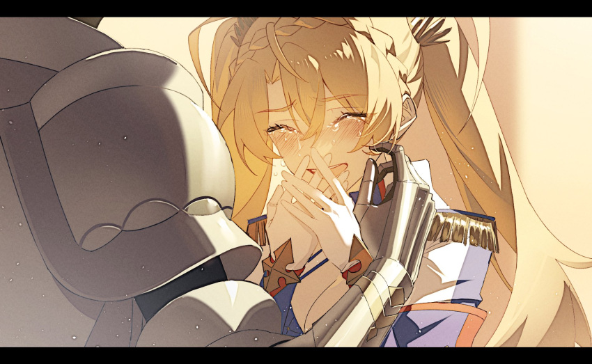 1girl ahoge armor blonde_hair bradamante_(fate) braid closed_eyes commentary_request crown_braid crying epaulettes fate/grand_order fate_(series) gauntlets gloves happy_tears highres idass_(idass16) letterboxed long_hair tears twintails white_gloves