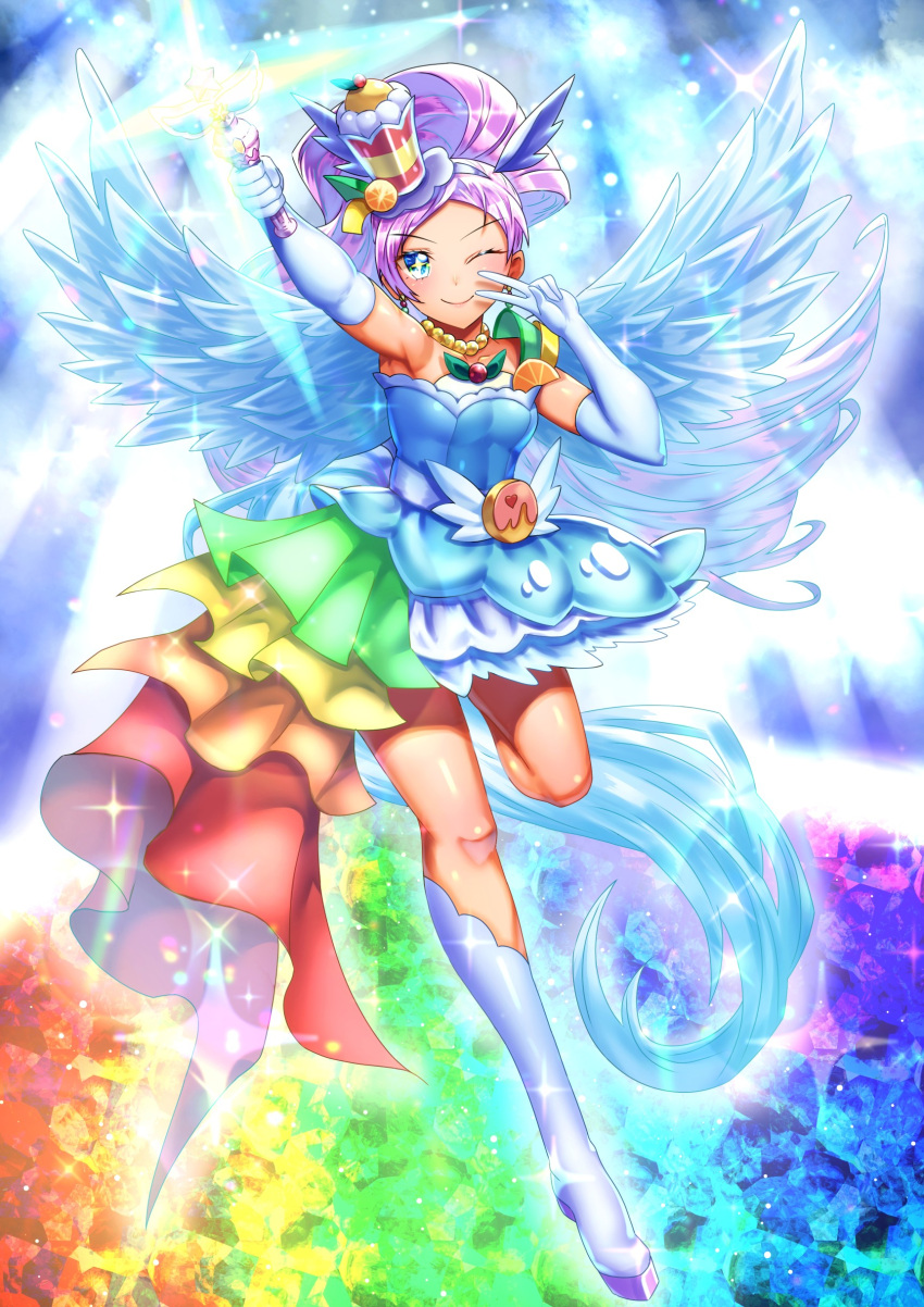 1girl absurdres animal_ears bare_shoulders berry blush boots choker commentary cure_parfait curecycadura dress earrings elbow_gloves food food-themed_hair_ornament fruit gloves hair_ornament headband highres holding holding_wand horse_ears jewelry kirakira_precure_a_la_mode kiwi_(fruit) leaf lemon long_hair multicolored_eyes one_eye_closed orange_(fruit) parfait pearl_choker pearl_earrings pink_hair ponytail precure solo sparkle sparkling_eyes strapless strapless_dress tail v wand white_footwear white_gloves white_tail white_wings wings