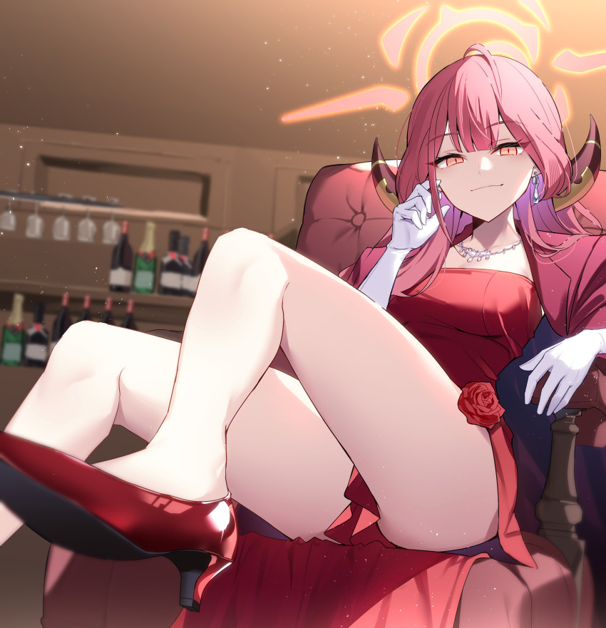 1girl absurdres aosaki_yukina aru_(blue_archive) aru_(dress)_(blue_archive) bare_legs blue_archive blurry blurry_background bottle breasts closed_mouth commentary couch cup dress dress_flower drinking_glass earrings elbow_gloves flower foot_out_of_frame gloves halo hand_up high_heels highres horns jacket jacket_on_shoulders jewelry kitten_heels kneehighs knees_up leg_up legs light_particles long_hair looking_at_viewer medium_breasts necklace official_alternate_costume on_couch red_dress red_flower red_footwear red_hair red_jacket red_rose rose shiny_footwear shoe_soles shoes sitting slit_pupils smile smug socks solo spread_legs thighs white_gloves wine_bottle wine_glass yellow_eyes