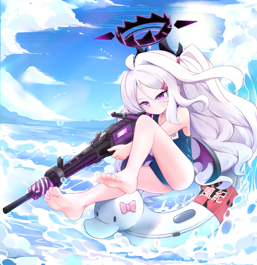 1girl absurdres afloat ahoge aiming ass bare_legs barefoot blue_archive blue_sky blurry cloud cloudy_sky commentary_request demon_girl demon_horns demon_wings depth_of_field duck_innertube gun hair_between_eyes hair_ornament hairclip halo highres hina_(blue_archive) hina_(swimsuit)_(blue_archive) holding holding_gun holding_weapon horns long_hair looking_afar machine_gun maomaoquing mg42 name_tag ocean official_alternate_costume official_alternate_hairstyle old_school_swimsuit on_innertube one_side_up outdoors parted_bangs purple_eyes school_swimsuit sidelocks sky solo sunlight swimsuit toes waves wavy_hair weapon white_hair wings