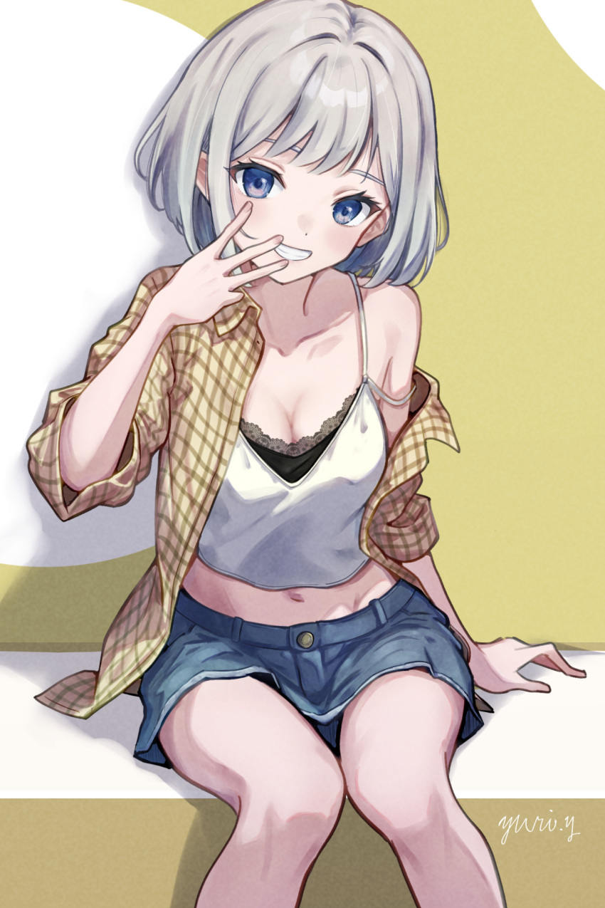 1girl blue_eyes camisole checkered_clothes checkered_shirt collarbone collared_shirt grey_hair gyaru hand_up head_tilt highres kogal miniskirt navel original shirt short_hair shorts sitting skirt smile three-finger_salute yuri_yone