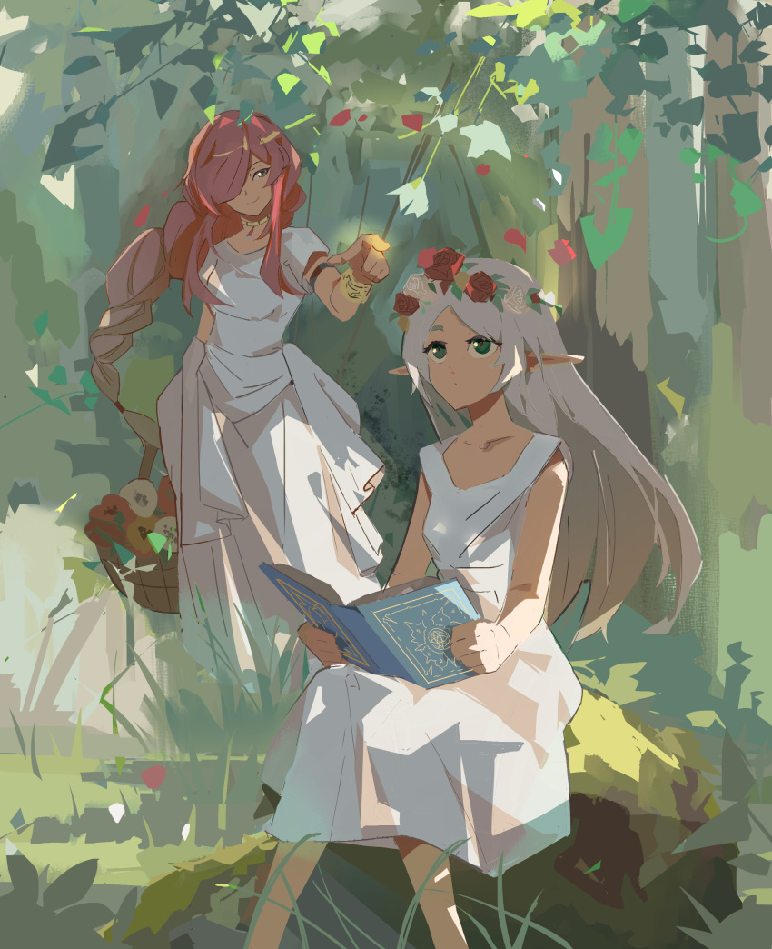 2girls absurdres basket book dress flamme_(sousou_no_frieren) flower_wreath frieren grass grimoire highres holding holding_basket holding_book multiple_girls pointy_ears rock sitting sitting_on_rock sousou_no_frieren tree under_tree white_dress zb_relic