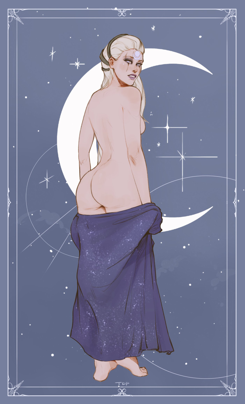 1girl arms_at_sides ass backboob barefoot breasts crescent_moon diana_(league_of_legends) facial_mark forehead_mark full_body hair_ornament highres league_of_legends long_hair looking_to_the_side medium_breasts moon nude solo standing tdp teeth undressing