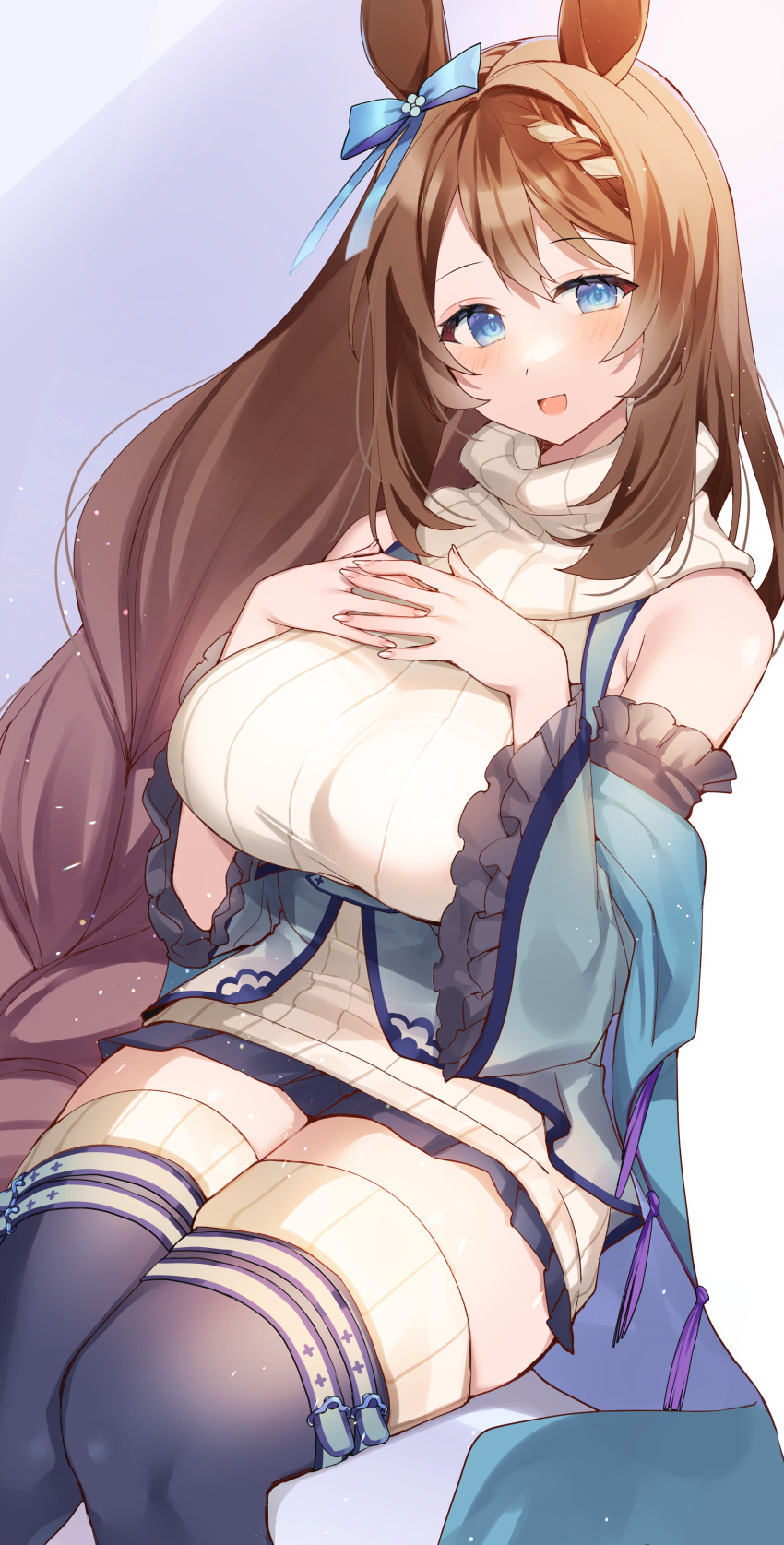 1girl :d absurdres animal_ears black_thighhighs blue_bow blue_eyes bow breasts brown_hair detached_sleeves ear_bow hair_between_eyes hands_on_own_chest highres horse_ears horse_girl large_breasts long_hair looking_at_viewer manya_drhr multicolored_hair ribbed_sweater sitting sleeveless sleeveless_sweater smile solo super_creek_(umamusume) sweater thighhighs umamusume very_long_hair white_sweater zettai_ryouiki