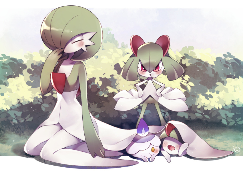 absurdres bush closed_eyes colored_skin dress fire gardevoir ghost grass green_hair hair_over_one_eye highres hinataiori_115 kirlia litwick multicolored_skin on_floor open_mouth pink_eyes pokemon pokemon_(creature) pout ralts two-tone_skin white_dress white_skin yellow_eyes