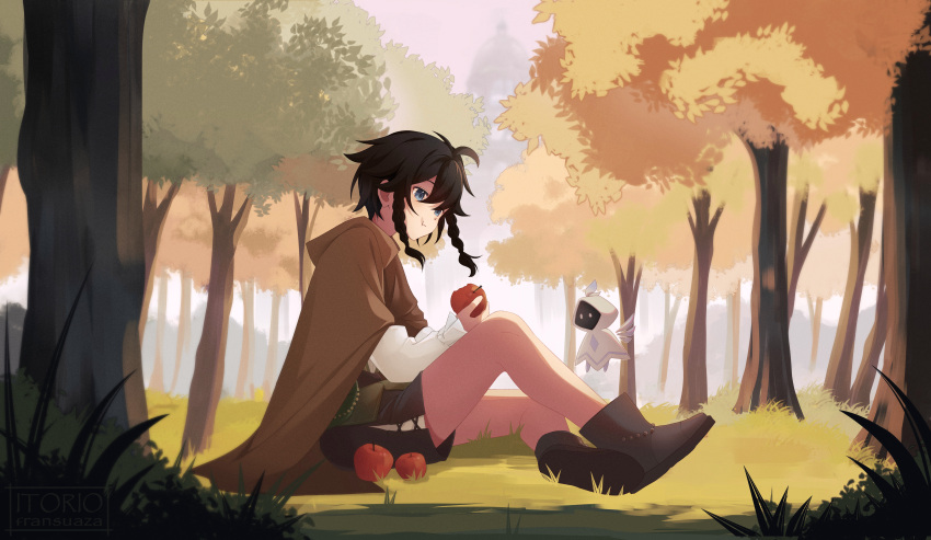 1boy absurdres androgynous apple bad_source barbatos_(genshin_impact) bard blue_eyes braid cape collared_cape eating food forest fruit genshin_impact green_shorts highres itorio_fransuaza long_sleeves male_focus nature shirt short_hair_with_long_locks shorts side_braids tree twin_braids venti_(genshin_impact)
