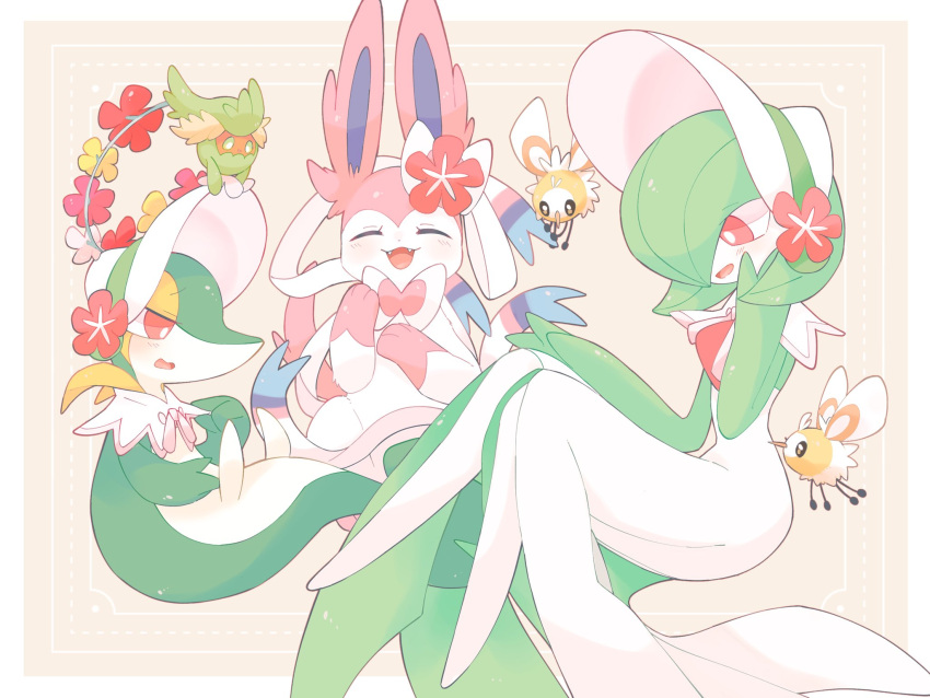 blush colored_skin comfey cutiefly dress em_ivy_akippoi fangs flower gardevoir gardevoir_(fashionable) green_hair hand_on_own_cheek hand_on_own_face hat hat_flower highres multicolored_skin open_mouth pink_eyes pink_fur pokemon pokemon_(creature) simple_background snivy sylveon two-tone_fur two-tone_skin white_dress white_headwear