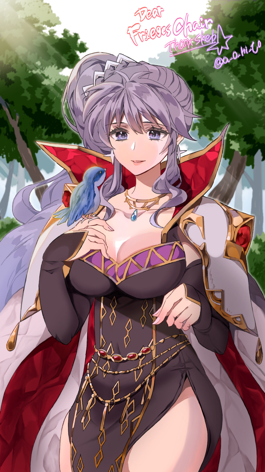 1girl absurdres animal ao_hito armor artist_name bird bird_on_hand cape commission commissioner_upload earrings fire_emblem fire_emblem:_genealogy_of_the_holy_war fire_emblem_heroes highres ishtar_(fire_emblem) ishtar_(fire_emblem)_(echoing_thunder) jewelry long_hair necklace non-web_source official_alternate_costume pauldrons purple_eyes purple_hair shoulder_armor signature skeb_commission tree watermark