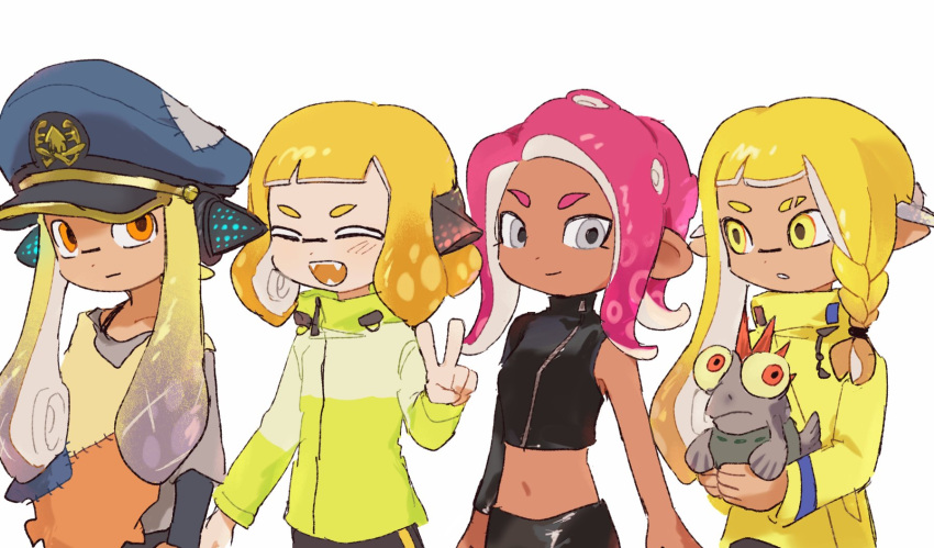 4girls agent_3_(splatoon) agent_3_(splatoon_3) agent_4_(splatoon) agent_8_(splatoon) blonde_hair braid closed_eyes closed_mouth commentary_request crop_top dark-skinned_female dark_skin eyebrow_cut gradient_hair green_jacket grey_eyes hat headphones highres inkling inkling_girl inkling_player_character jacket kinnut korean_commentary long_hair medium_hair multicolored_hair multiple_girls navel octoling octoling_girl octoling_player_character open_mouth orange_eyes peaked_cap pink_hair purple_hair red_hair simple_background single_braid smallfry_(splatoon) smile splatoon_(series) splatoon_2 splatoon_2:_octo_expansion splatoon_3 standing teeth tentacle_hair thick_eyebrows two-tone_hair v white_background yellow_jacket