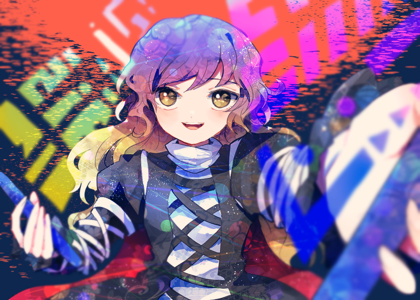 1girl black_coat coat cross-laced_clothes dress gradient_hair hijiri_byakuren holding holding_scroll itomugi-kun long_hair long_sleeves looking_at_viewer multicolored_hair open_mouth reaching reaching_towards_viewer scroll smile solo sorcerer's_sutra_scroll teeth touhou upper_teeth_only white_dress yellow_eyes