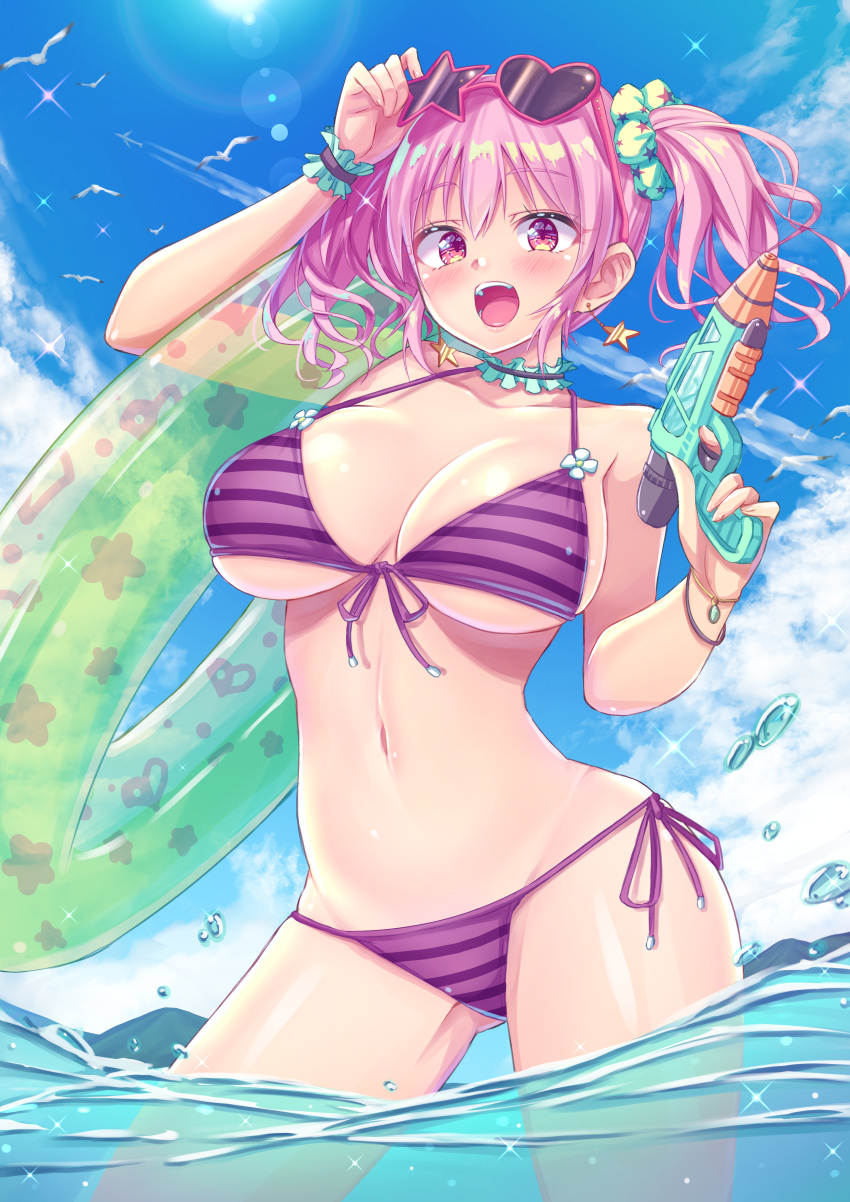 1girl :d absurdres arm_up bare_arms bare_shoulders bikini blue_sky breasts choker cleavage day earrings eyewear_on_head frilled_choker frills front-tie_bikini_top front-tie_top halterneck highres holding innertube jewelry large_breasts long_hair looking_at_viewer navel open_mouth original outdoors pink_eyes pink_hair purple_bikini revision side-tie_bikini_bottom sky smile solo stomach string_bikini striped_bikini striped_clothes sun sunglasses sunlight swim_ring swimsuit tenzeru thighs twintails wading water water_gun wrist_cuffs