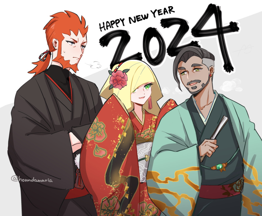 1girl 2024 2boys beard black_hair blonde_hair closed_mouth commentary_request dark-skinned_male dark_skin earrings facial_hair flower green_eyes green_kimono grey_eyes hair_flower hair_ornament haori happy_new_year highres honda_(honndamaria) japanese_clothes jewelry kimono long_hair lusamine_(pokemon) lysandre_(pokemon) mature_female mature_male multiple_boys mustache open_mouth orange_hair pokemon pokemon_sm pokemon_swsh pokemon_xy red_flower red_kimono rose_(pokemon) short_hair simple_background smile sweat trait_connection white_background