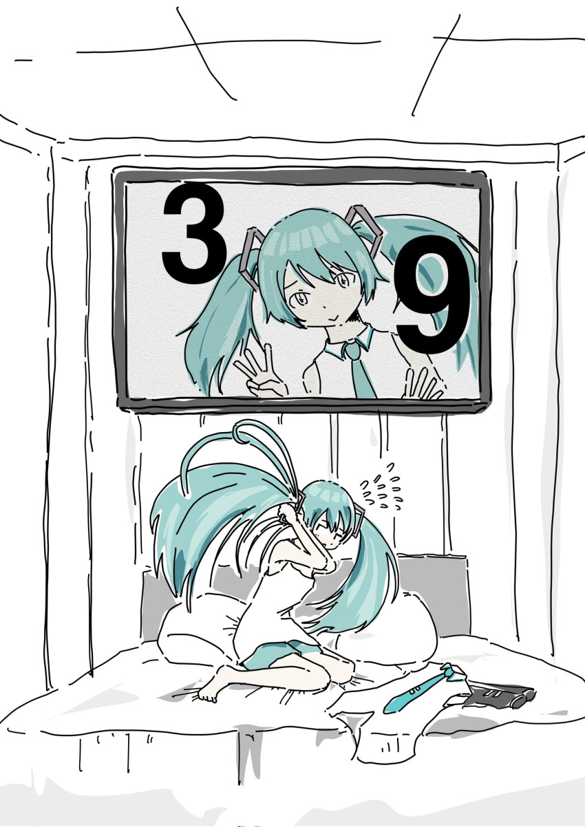 1girl adjusting_hair aqua_necktie aqua_shorts black_skirt camisole hatsune_miku heronnheronn highres long_hair looking_at_viewer miku_day multiple_views necktie on_bed pillow shirt shorts sitting skirt unworn_necktie unworn_shirt unworn_skirt vocaloid wariza white_shirt