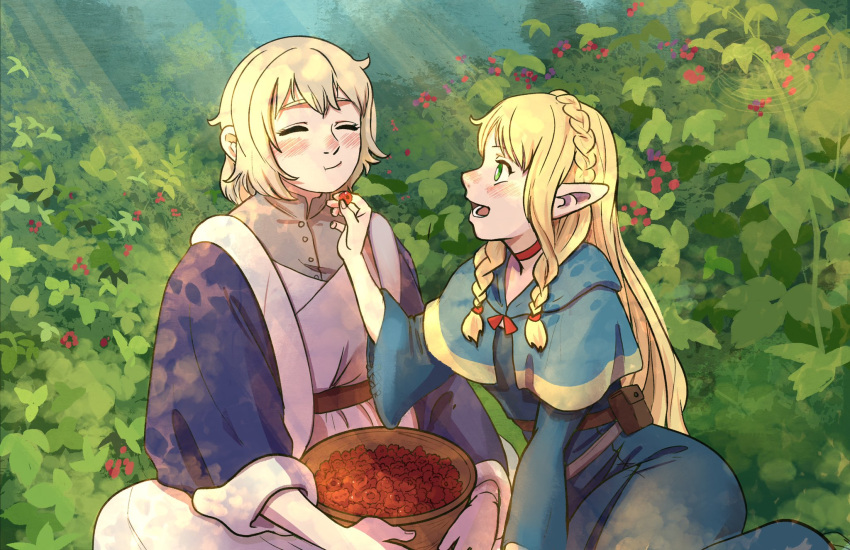 2girls blonde_hair blue_capelet blue_robe blush braid capelet closed_eyes couple dungeon_meshi eating elf falin_thorden falin_thorden_(tallman) feeding food fruit green_eyes hair_around_ear highres holding hood hooded_capelet long_hair long_sleeves looking_at_another marcille_donato multiple_braids multiple_girls nillaney open_mouth pointy_ears raspberry robe short_hair smile yuri