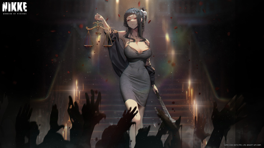 1girl 6+others absurdres bare_shoulders black_bra black_dress black_hair black_nails blurry blurry_background bra breasts cleavage copyright_name d_(killer_wife)_(nikke) d_(nikke) dongtan_dress dress falling_petals goddess_of_victory:_nikke hair_ornament hairclip highres holding jewelry large_breasts long_hair meme_attire multiple_others nail_polish necklace official_art petals red_eyes sidelocks solo_focus stairs strapless strapless_dress underwear