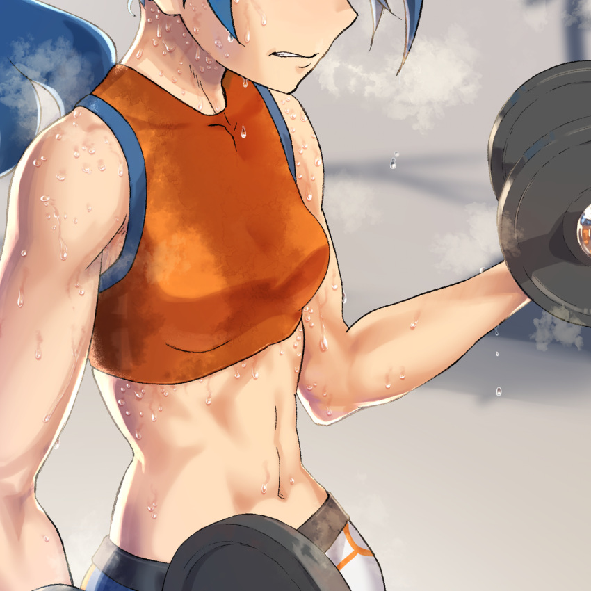 1girl bare_shoulders battle_girl_(pokemon) blue_hair blurry blurry_background breath clenched_teeth close-up commission dripping exercise gym highres motion_lines navel partially_obscured pokemon pokemon_(game) pokemon_oras sports_bra sportswear stained_clothes steam stomach sweat sweating_profusely sweaty_clothes teeth training translation_request trembling upper_body weightlifting weights wet wet_clothes yachi_(fujiyasu0616)