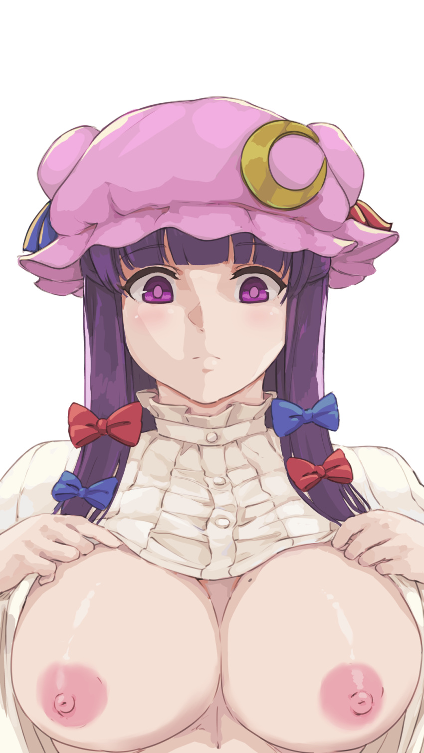 1girl blue_bow blunt_bangs bow breasts capelet closed_mouth cosplay crescent crescent_hat_ornament fern_(sousou_no_frieren) hair_bow hat hat_ornament highres lifted_by_self long_hair looking_at_viewer mob_cap nipples patchouli_knowledge patchouli_knowledge_(cosplay) purple_eyes purple_hair purple_pupils red_bow simple_background solo tyrone upper_body