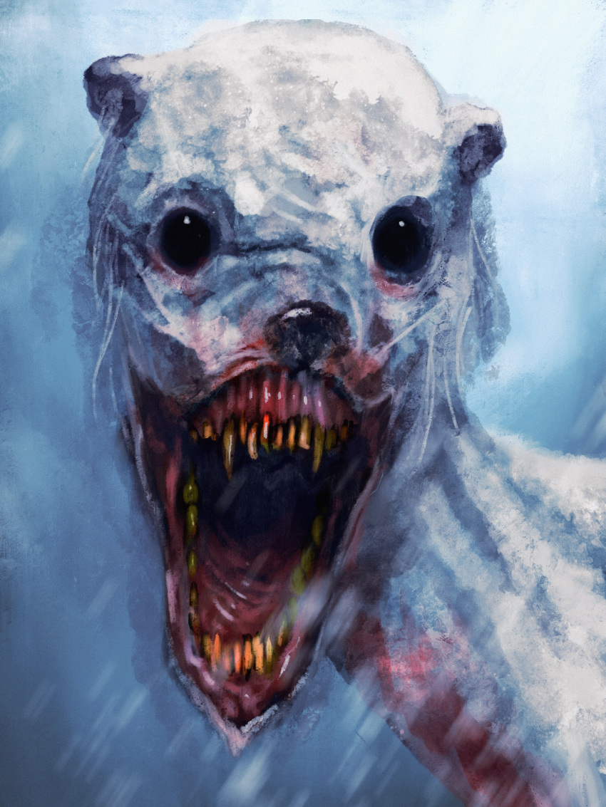 absurd_res ambiguous_gender bear black_eyes blizzard_(weather) blood blood_on_face bodily_fluids fangs feral fur gaping_mouth hi_res horror_(theme) long_neck looking_at_viewer mammal nightmare_fuel open_mouth polar_bear sharp_teeth slimyswampghost snow solo spirit teeth the_terror_(dan_simmons) tuunbaq ursine white_body white_fur