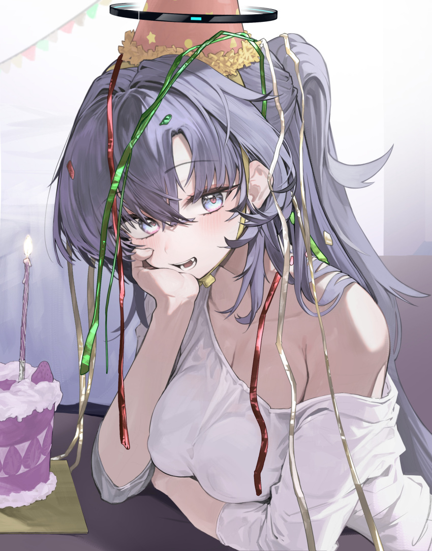 1girl absurdres alternate_costume birthday birthday_cake black_halo blue_archive cake candle confetti elbow_rest elbows_on_table food halo hand_on_own_cheek hand_on_own_face hand_up hat head_on_hand head_rest highres long_hair looking_at_viewer movik off-shoulder_shirt off_shoulder party_hat purple_hair shirt sitting smile streamers white_shirt yuuka_(blue_archive)