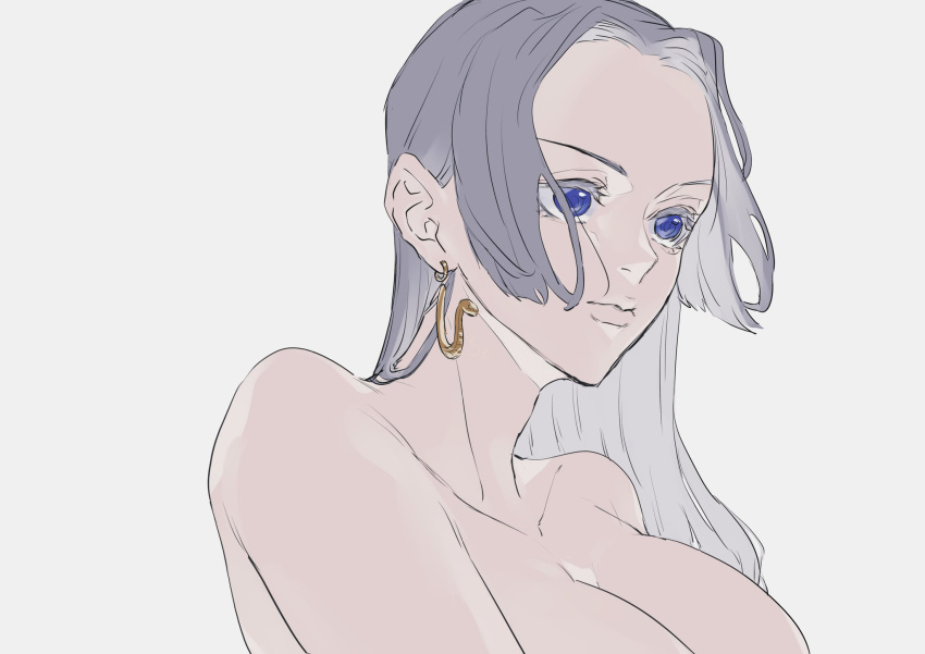 1girl black_hair blue_eyes boa_hancock breasts closed_mouth commentary earrings highres hime_cut jewelry long_hair looking_ahead one_piece sc_scandium simple_background snake_earrings solo upper_body white_background