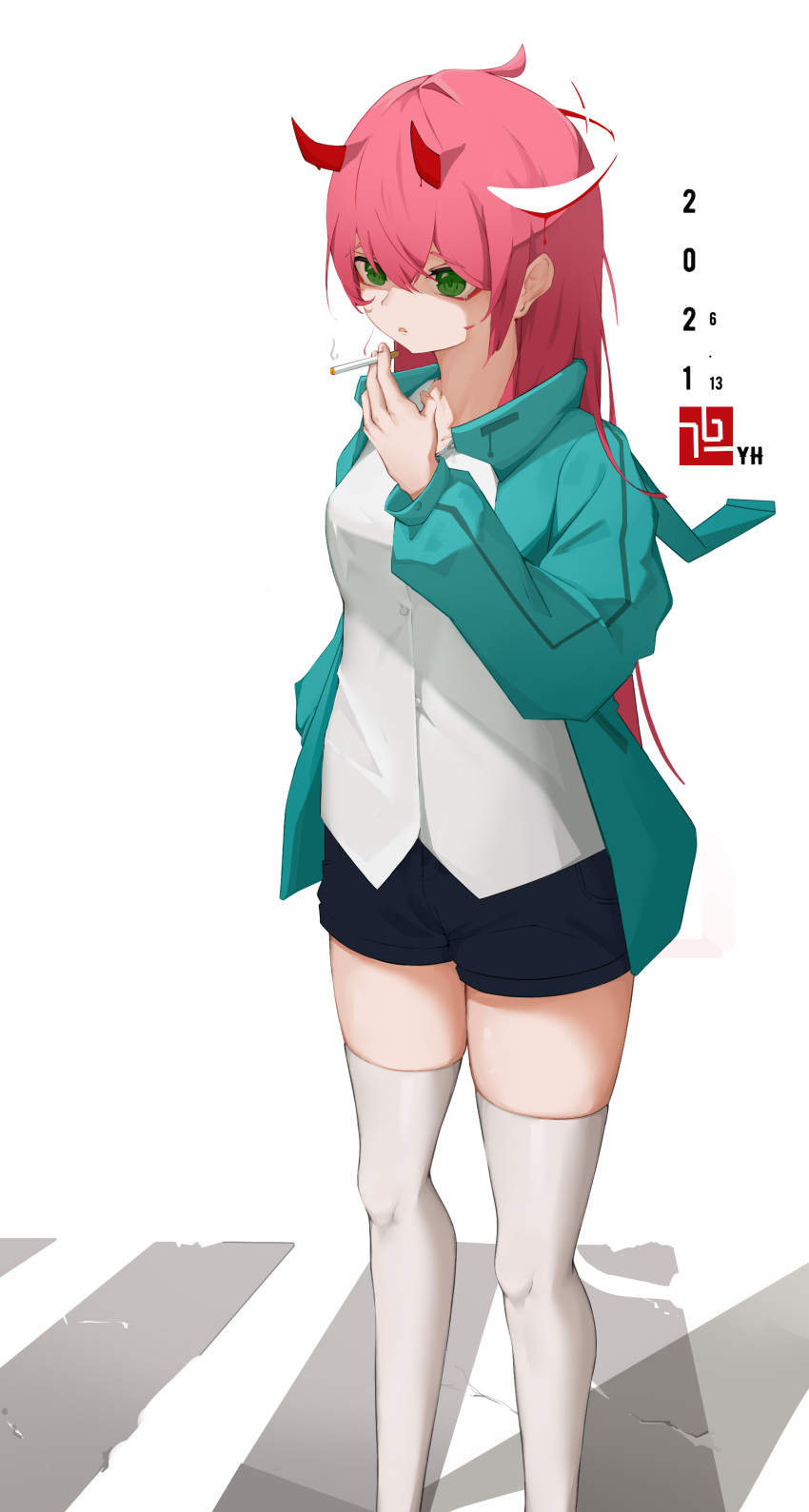1girl absurdres aqua_jacket between_fingers black_shorts buttons cigarette darling_in_the_franxx dated feet_out_of_frame fingernails green_eyes grey_thighhighs hair_between_eyes hand_up highres holding holding_cigarette horns jacket long_hair long_sleeves looking_ahead open_clothes open_jacket parted_lips pink_hair red_horns shaded_face shirt short_shorts shorts simple_background solo standing thighhighs white_background white_shirt yao_han zero_two_(darling_in_the_franxx)