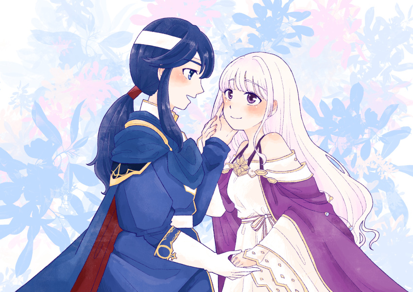 1boy 1girl absurdres blue_cloak blue_eyes blue_hair blush cloak dress fire_emblem fire_emblem:_genealogy_of_the_holy_war hand_on_another's_cheek hand_on_another's_face headband highres holding_hands implied_incest julia_(fire_emblem) long_hair looking_at_another matoke ponytail purple_cloak purple_eyes purple_hair sash seliph_(fire_emblem) simple_background smile white_headband white_sash wide_sleeves