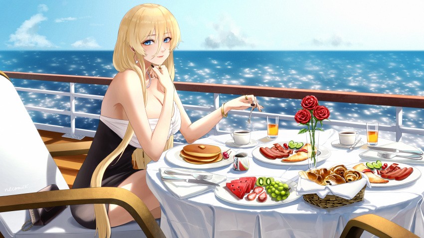 1girl azur_lane bacon basket bismarck_(azur_lane) blonde_hair blue_eyes bread breasts chair cleavage coffee_cup cup day disposable_cup drinking_glass flower folded_napkin food fork fruit hair_between_eyes head_rest highres knife large_breasts long_hair looking_at_viewer napkin necomilk ocean pancake pancake_stack pastry plate red_flower red_rose rose sausage sitting table watermelon watermelon_slice