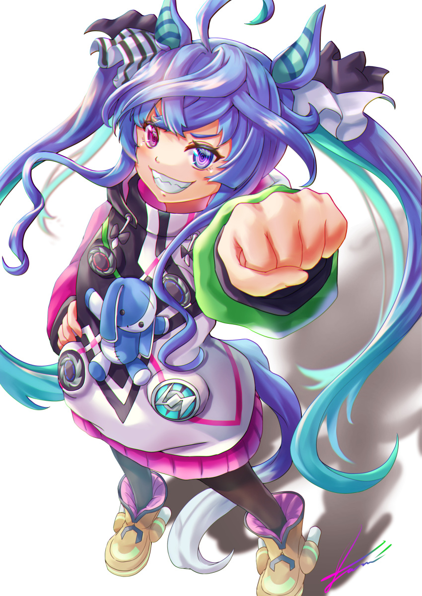 1girl @_@ ahoge animal_ears aqua_hair arm_up blue_eyes blue_hair boots bow brown_pantyhose clenched_hand commentary crossed_bangs drawstring from_above full_body grin hair_bow hand_on_own_hip heterochromia highres hood hoodie horse_ears horse_girl horse_tail long_hair long_sleeves looking_at_viewer multicolored_clothes multicolored_hair multicolored_hoodie pantyhose purple_eyes raised_fist shadow sharp_teeth sidelocks signature smile solo standing striped_bow stuffed_animal stuffed_rabbit stuffed_toy tail teeth twin_turbo_(umamusume) twintails two-tone_hair umamusume white_background yam_(yam6056) yellow_footwear