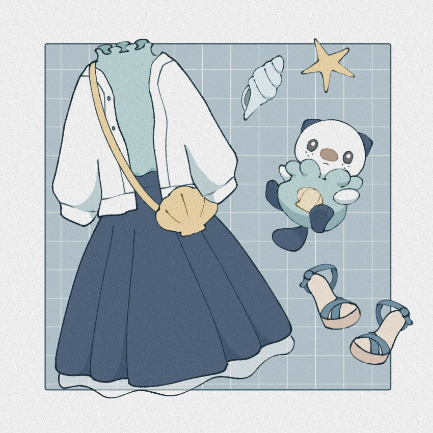 bag blue_background blue_skirt border closed_mouth colored_skin conch freckles grid_background high_heels highres oshawott outside_border pokemon pokemon_(creature) shoulder_bag simple_background skirt starfish sumi_fms tail white_border white_skin