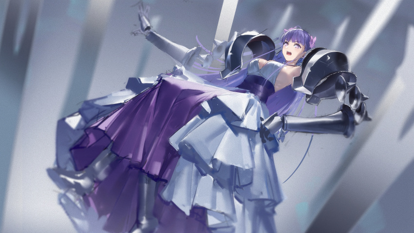 1girl absurdres amputee armless_amputee armor breasts cleavage double_amputee dress flower gauntlets hair_flower hair_ornament highres large_breasts long_dress long_hair looking_at_viewer open_mouth pauldrons pink_flower purple_eyes purple_hair purple_sash qiongsheng ragna_crimson sash shoulder_armor sideboob solo starlia_lese teeth tongue upper_teeth_only white_dress