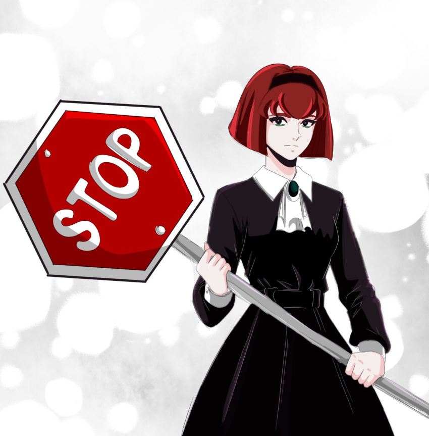 1girl ascot black_dress black_eyes black_hairband breasts collared_dress dress hairband highres holding holding_sign light_frown looking_at_viewer medium_breasts megadeus_mommy r_dorothy_wayneright red_hair road_sign short_hair sign solo stop_sign the_big_o white_ascot