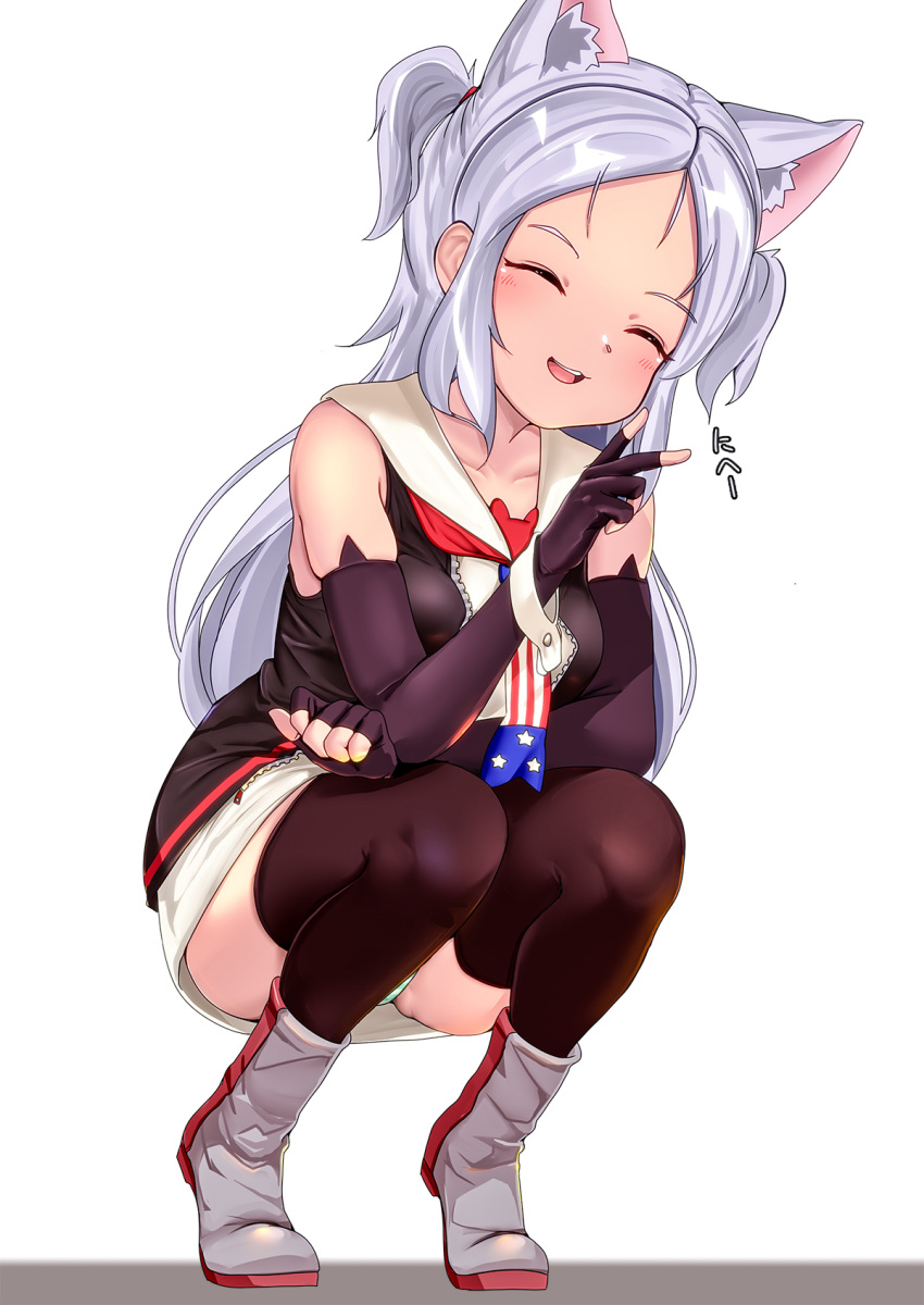 1girl american_flag_neckwear animal_ears arm_on_knee arm_rest azur_lane bare_shoulders black_gloves black_vest blush boots breasts cat_ears cat_girl clenched_hand closed_eyes commentary_request dedorudy dress elbow_gloves facing_viewer fingerless_gloves full_body gloves green_panties hand_up happy high_heel_boots high_heels highres leaning_forward legs_apart long_hair necktie open_mouth panties sims_(azur_lane) skindentation sleeveless sleeveless_dress small_breasts smile solo squatting striped_clothes striped_panties teeth thighhighs tiptoes underwear unzipped upper_teeth_only v very_long_hair vest white_dress white_hair