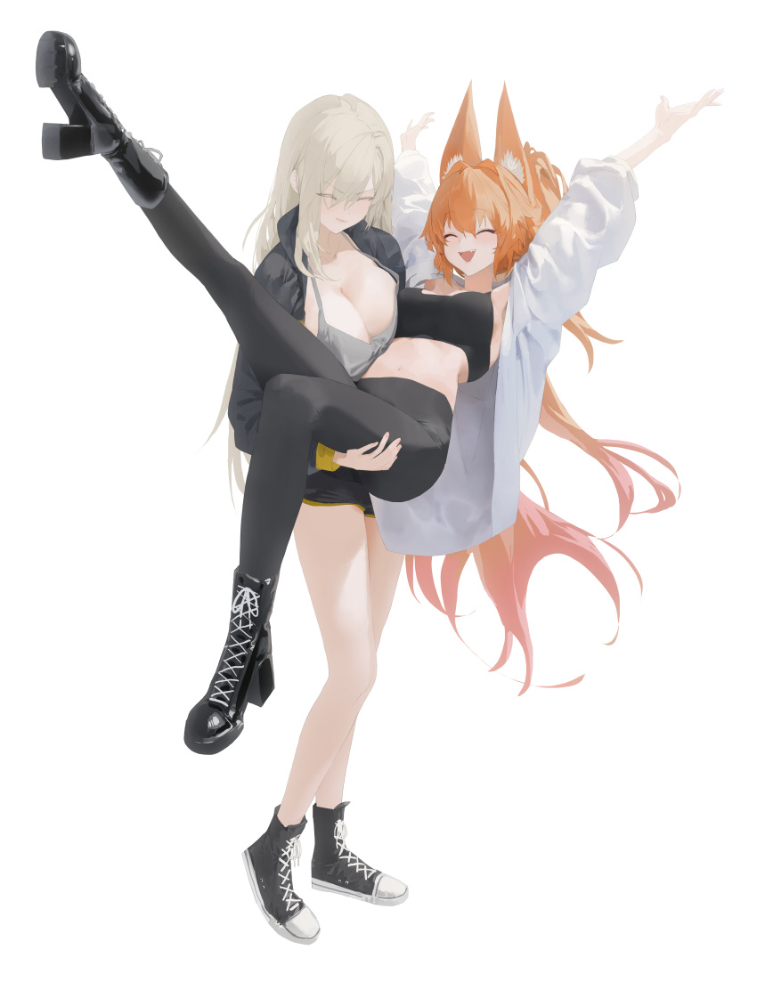 2girls absurdres animal_ears armpit_peek arms_up artist_request bare_legs black_footwear black_jacket black_pants black_shirt black_shorts blonde_hair boots breasts camisole carrying cleavage closed_eyes closed_mouth commission crop_top dungeon_and_fighter ellin_meiji fox_ears fox_tail grey_shirt high_heel_boots high_heels highres jacket large_breasts leggings lethe_rin long_hair long_sleeves midriff multiple_girls navel open_clothes open_jacket open_mouth original pants ponytail princess_carry second-party_source shirt shoes short_shorts shorts sleeveless sleeveless_shirt smile stomach strap_gap tail thighs white_hair white_jacket