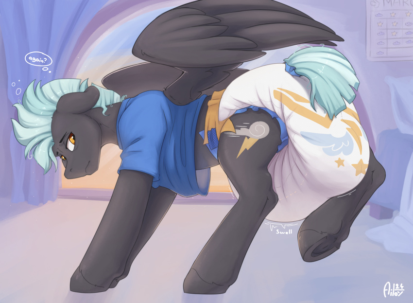 absurd_res ailoy4 alternate_version_at_source amber_eyes awake big_diaper blue_hair blue_tail clothing crop_top cutie_mark diaper equid equine erection erection_in_diaper eye_bags friendship_is_magic fur grey_body grey_fur hair hasbro hi_res hooves mammal messy_hair my_little_pony mythological_creature mythological_equine mythology pegasus shirt tail thought_bubble thunderlane_(mlp) topwear underwear wings