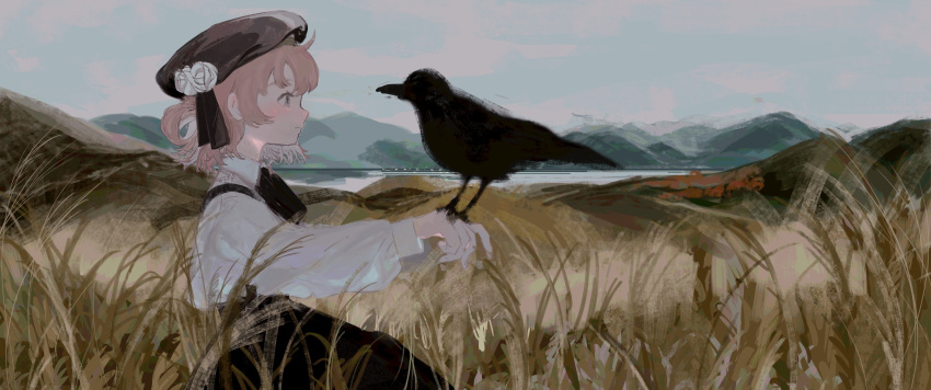 1girl absurdres beret bird bird_on_hand black_headwear black_ribbon black_skirt blush brown_eyes brown_hair closed_mouth collared_shirt cowboy_shot expressionless face-to-face field flower from_side grass hat hat_flower hat_ribbon hatoba_tsugu highres long_sleeves looking_at_animal medium_hair miyana_(leftmnkr) mountainous_horizon neck_ribbon outdoors outstretched_arm profile ribbon rose shirt single_hair_ring skirt solo standing suspender_skirt suspenders tall_grass tsugu_(vtuber) virtual_youtuber white_flower white_rose white_shirt