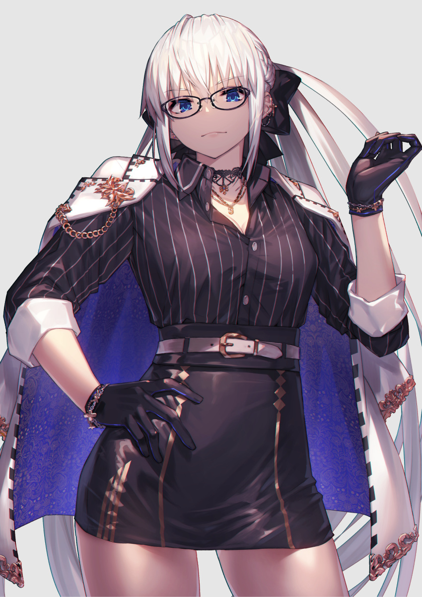 1girl absurdres bangs belt black_bow black_gloves black_shirt black_skirt blue_eyes bow braid breasts choker cleavage collared_shirt contrapposto cowboy_shot earrings fate/grand_order fate_(series) french_braid glasses gloves grey_hair hair_bow high-waist_skirt highres jacket jacket_on_shoulders jewelry large_breasts long_hair long_sleeves looking_at_viewer morgan_le_fay_(fate) nakanishi_tatsuya necklace pencil_skirt ponytail revision shirt sidelocks skirt solo striped striped_shirt thighs vertical-striped_shirt vertical_stripes very_long_hair white_jacket