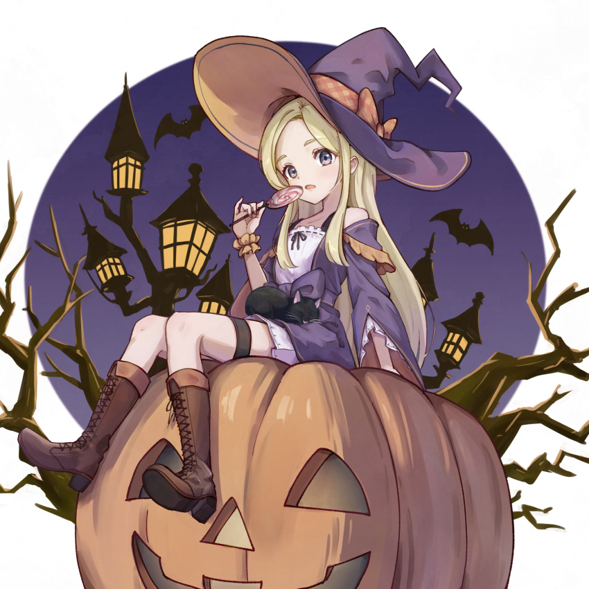 1girl black_cat blonde_hair bow brown_footwear candy cat commentary_request dress food full_body halloween highres lollipop long_hair original parted_bangs purple_dress purple_eyes purple_headwear scrunchie sitting witch wizard wrist_scrunchie yuri_yone