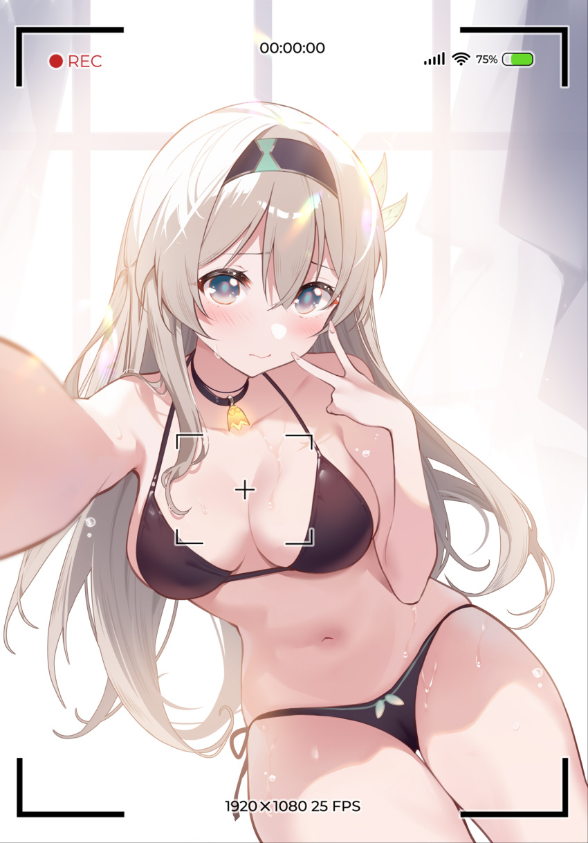 1girl bare_arms bare_shoulders bikini black_bra black_choker bra breasts choker commentary_request cowboy_shot firefly_(honkai:_star_rail) foreshortening grey_eyes grey_hair hand_up highres honkai:_star_rail honkai_(series) large_breasts long_hair looking_at_viewer navel side-tie_bikini_bottom solo standing stomach swimsuit thighs underwear v very_long_hair xion32