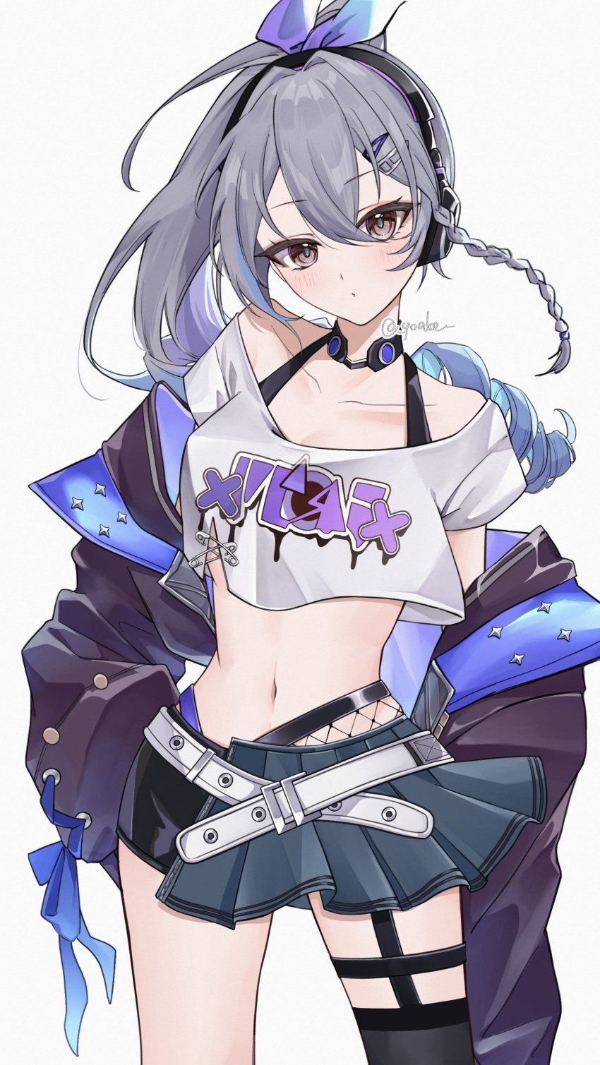 1girl absurdres bare_shoulders belt black_choker black_jacket blue_skirt bra_strap choker commentary_request cowboy_shot crop_top crop_top_overhang drill_hair grey_background grey_eyes grey_hair hair_ribbon headphones highres honkai:_star_rail honkai_(series) jacket long_hair looking_at_viewer midriff miniskirt navel off-shoulder_shirt off_shoulder open_clothes open_jacket pleated_skirt purple_ribbon rapis0291 ribbon shirt short_sleeves silver_wolf_(honkai:_star_rail) simple_background skirt solo standing stomach white_belt white_shirt