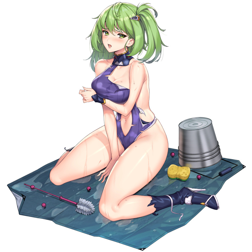 1girl blue_footwear blue_one-piece_swimsuit blush boots breasts bucket c.honey cleaning_brush clothing_cutout collarbone covering_privates defeat full_body game_cg gloves green_eyes high_heel_boots high_heels highres last_origin looking_at_viewer lower_teeth_only medium_breasts medium_hair messy_hair mole mole_under_eye navel navel_cutout official_alternate_costume official_art one-piece_swimsuit one_side_up open_mouth phoenix_(last_origin) simple_background sitting solo sponge swimsuit tachi-e tarpaulin teeth third-party_source tongue torn_boots torn_clothes torn_gloves torn_swimsuit transparent_background wariza wet