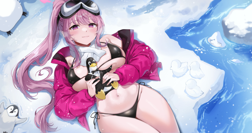 1girl absurdres animal bikini bird black_bikini blue_archive blush breasts closed_mouth eimi_(blue_archive) eimi_(swimsuit)_(blue_archive) gijang goggles goggles_on_head halo highres jacket large_breasts linux long_hair long_sleeves looking_at_viewer lying official_alternate_costume official_alternate_hairstyle on_back open_clothes open_jacket penguin pink_eyes pink_hair pink_halo pink_jacket ponytail scarf smile solo swimsuit water white_scarf