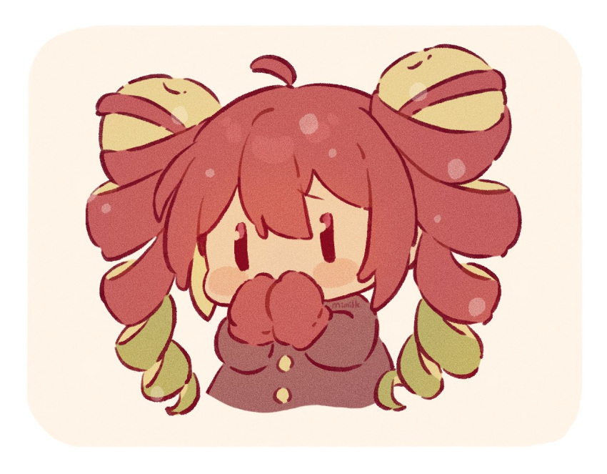1girl ahoge apple apple_peel artist_name black_coat blush_stickers border buttons chibi coat commentary_request covering_own_mouth cropped_torso food food-themed_hair fruit green_hair long_hair long_sleeves mittens multicolored_hair original red_hair red_mittens rounded_corners solo tetolapis white_border |_|