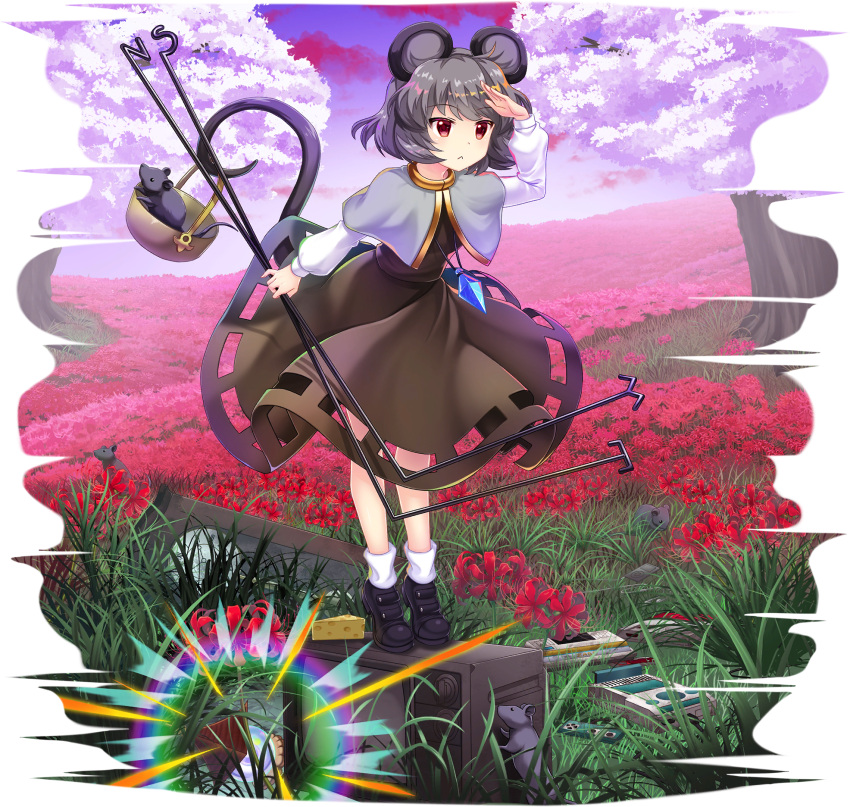 1girl :&lt; analog_clock animal_ears basket black_border black_footwear blouse blue_gemstone bob_cut border brown_dress capelet cheese cherry_blossoms clock closed_mouth cloud crt digital_media_player dowsing_rod dress field flower flower_field food full_body game_cg gem glowing gradient_sky grandfather_clock grey_hair handheld_game_console highres holding holding_with_tail ipod jewelry lantern leaning_forward long_sleeves looking_afar looking_ahead mouse mouse_ears mouse_girl mouse_tail nazrin necklace non-web_source official_art outdoors pendant pinafore_dress prehensile_tail puffy_sleeves purple_clouds purple_sky red_eyes red_flower rotte_(1109) shading_eyes shirt shoes short_hair sky sleeveless sleeveless_dress socks solo spider_lily standing tail television touhou touhou_lostword transparent_background tree white_capelet white_shirt white_socks wind wind_lift