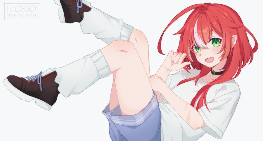 1girl absurdres ankle_boots bad_source beret book boots full_body green_eyes hat highres itorio_fransuaza looking_at_viewer original pointy_ears red_hair shirt short_hair_with_long_locks shorts smile white_background white_shirt