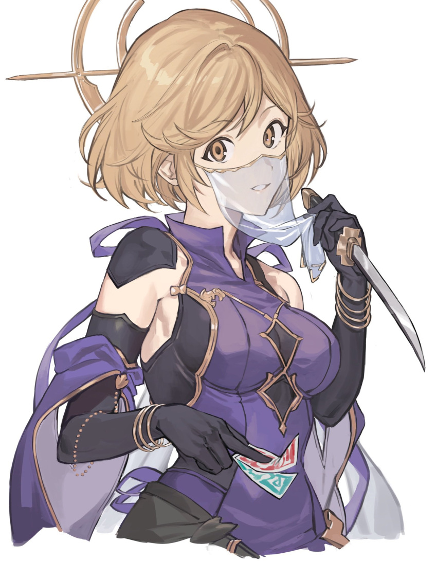 1girl black_gloves breasts brown_eyes brown_hair dagger detached_sleeves djeeta_(granblue_fantasy) dress elbow_gloves gloves granblue_fantasy halo hashibiro_kou_(garapiko_p) high_collar highres holding holding_dagger holding_knife holding_weapon impossible_clothes knife looking_at_viewer mouth_veil onmyoji_(granblue_fantasy) open_mouth purple_dress see-through_veil short_hair simple_background single_bare_shoulder sleeveless sleeveless_dress small_breasts solo upper_body veil weapon white_background