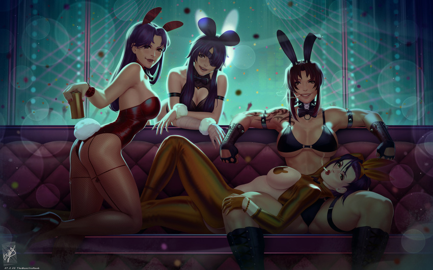 4girls animal_ears arm_tattoo bikini black_lagoon bow bowtie brown_hair cigarette cleavage_cutout clothing_cutout couch cowboy_bebop crossover detached_collar eyepatch faye_valentine fishnet_pantyhose fishnets heart_cutout highres katsuragi_misato lap_pillow leotard looking_at_viewer meme_attire mirai_nikki multiple_crossover multiple_girls muscular muscular_female neon_genesis_evangelion nontraditional_playboy_bunny pantyhose pasties playboy_bunny purple_hair rabbit_ears rabbit_pasties rabbit_tail reverse_bunnysuit reverse_outfit revy_(black_lagoon) smoking swimsuit tail tattoo themaestronoob uryuu_minene