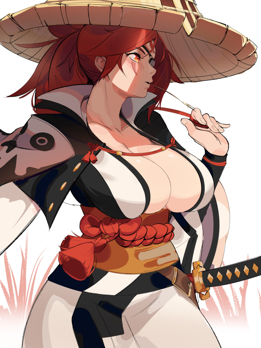 1girl absurdres baiken black_kimono breasts caprara cleavage eyepatch facial_mark guilty_gear guilty_gear_strive hat highres japanese_clothes kimono large_breasts long_hair obi orange_eyes red_hair rice_hat sash sheath sheathed solo sword two-tone_kimono weapon white_background white_kimono