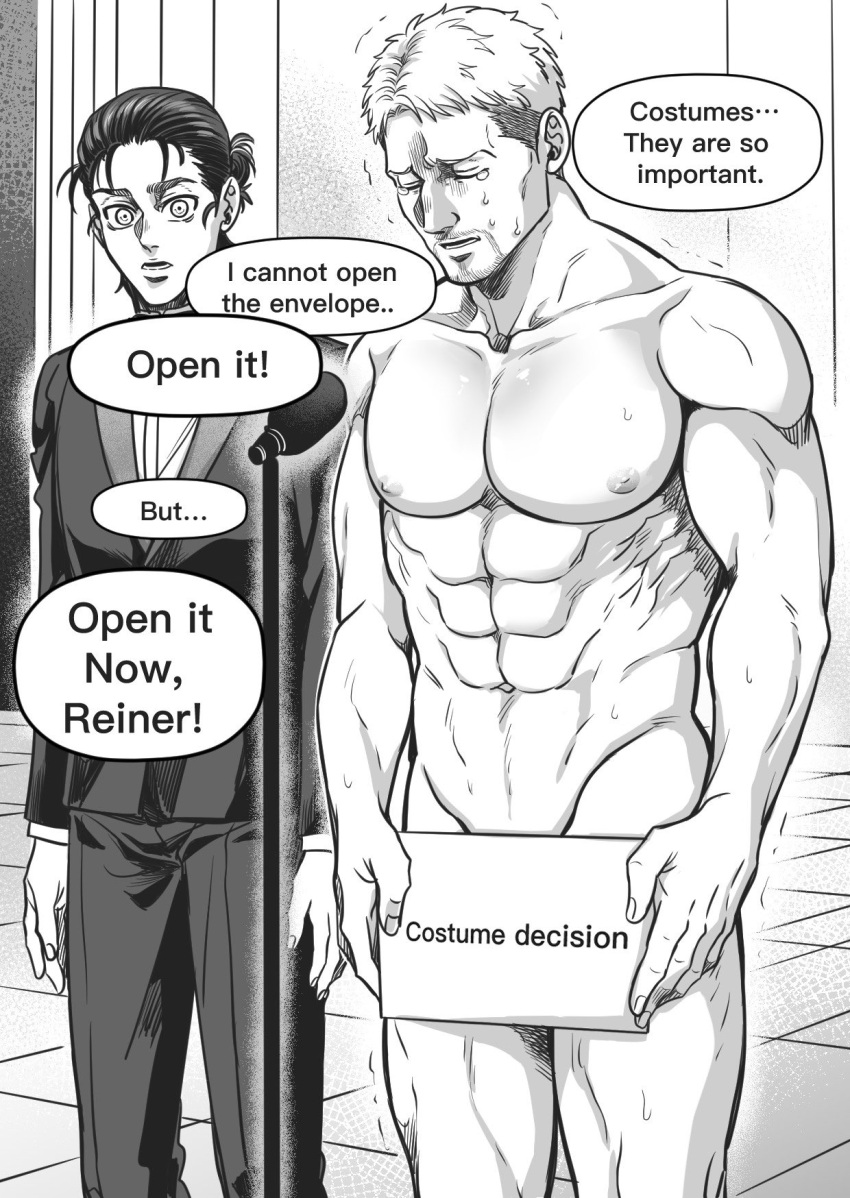 2boys abs bara closed_eyes completely_nude covering_crotch covering_privates english_text eren_yeager facial_hair highres holding holding_sign jacket large_pectorals male_focus multiple_boys muscular muscular_male navel nipples nude open_mouth pants pectorals reiner_braun shingeki_no_kyojin short_hair siaofong sign