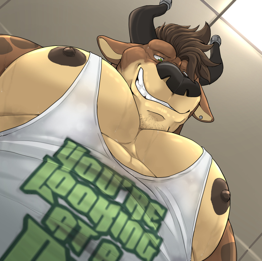 2_horns anthro bovid bovine cattle chester_(extracurricular_activities) extracurricular_activities hi_res horn male mammal muscular muscular_anthro muscular_male nipples pec_pov_meme pecs solo taighet_28