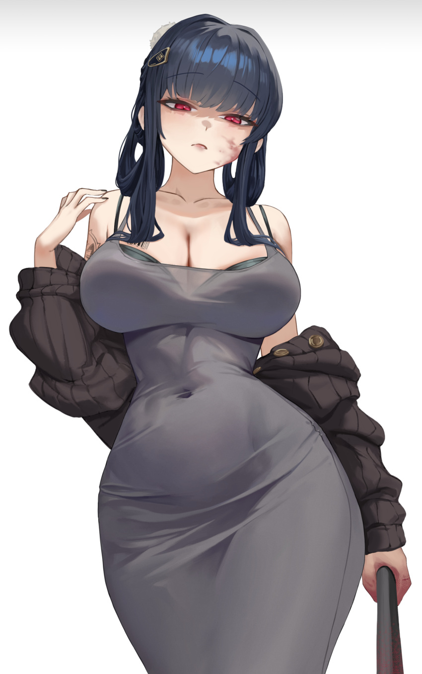 1girl absurdres axe black_dress black_hair black_jacket blood blood_on_face breasts cleavage covered_navel d_(killer_wife)_(nikke) d_(nikke) dongtan_dress dress frown goddess_of_victory:_nikke highres holding holding_axe jacket large_breasts long_hair long_sleeves looking_at_viewer lumen_re meme_attire red_eyes simple_background solo standing white_background